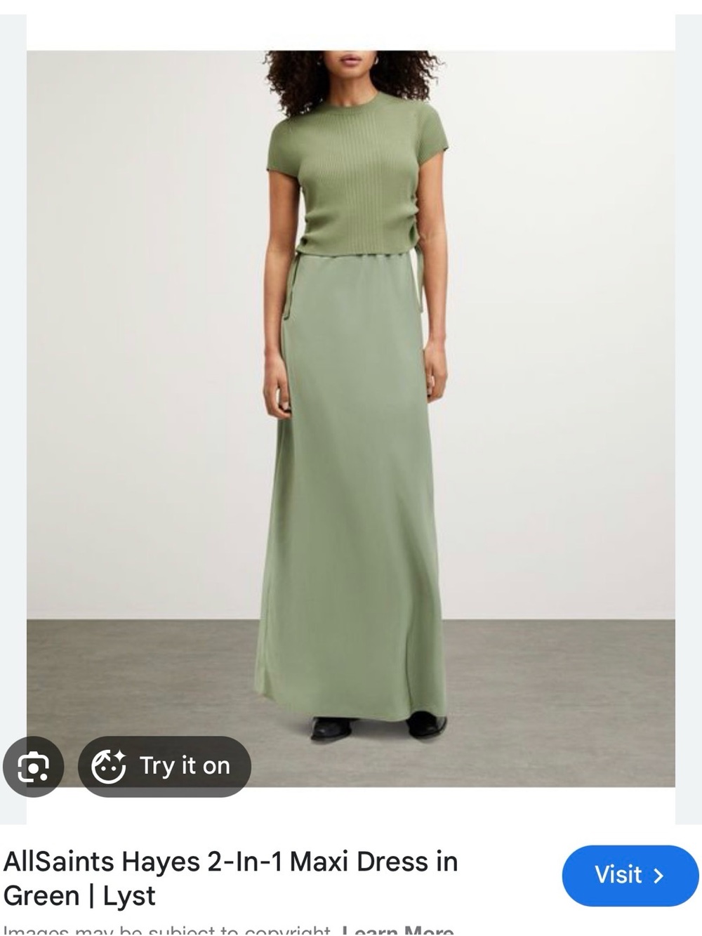 AllSaints 2 piece Sage Green Satin Slip Maxi Dress with crop sweater